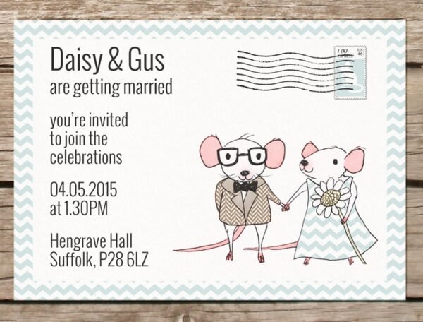 Cute mice wedding invitations, Personalised wedding invites with envelopes, Geeky invitations, Illustrated, Printed design, Postcard theme - Image 2